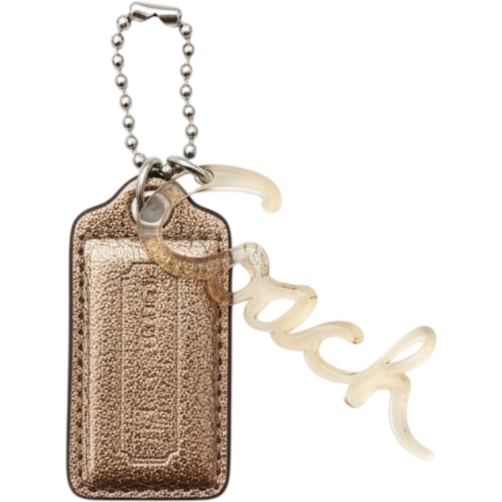 Coach Metallic Bronze Leather Hangtag and Clear Acrylic Script Logo Bag Charm